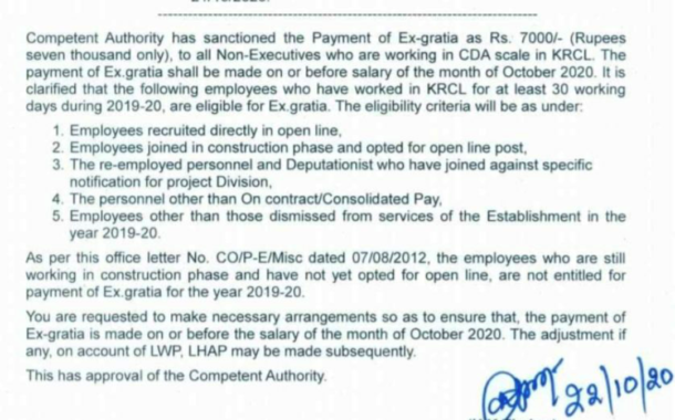 NRMU (CR/KR) FORCED KRCL TO PAY EX-GRATIA TO ELIGIBLE STAFF